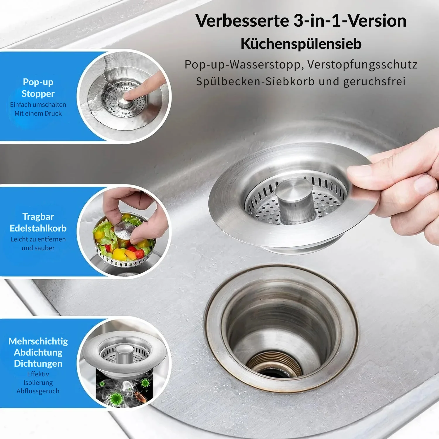 Edelstahl - 3 in 1 Abflusssieb | 1+1 GRATIS - Image 3