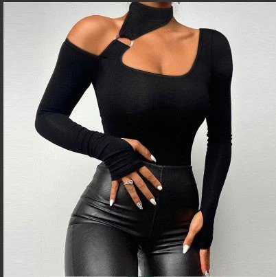 Heidi — Damen Schwarzes Top mit asymmetrischen Cutouts und Spitzenärmeln - Image 28